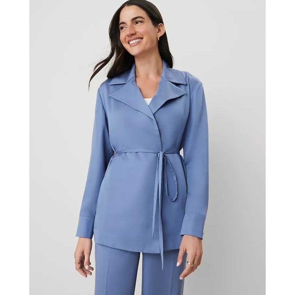 Ann Taylor Blue Sateen Belted Wrap Blazer Jacket Womens 8 Petite 38152559 NEW